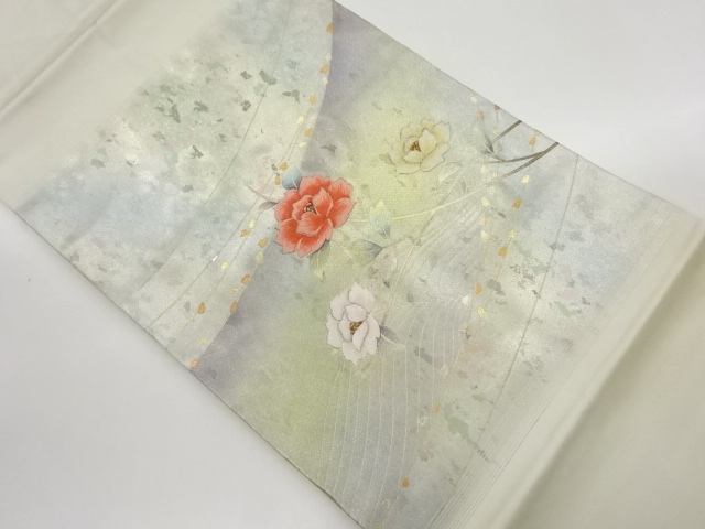 金彩波に花々模様刺繍名古屋帯